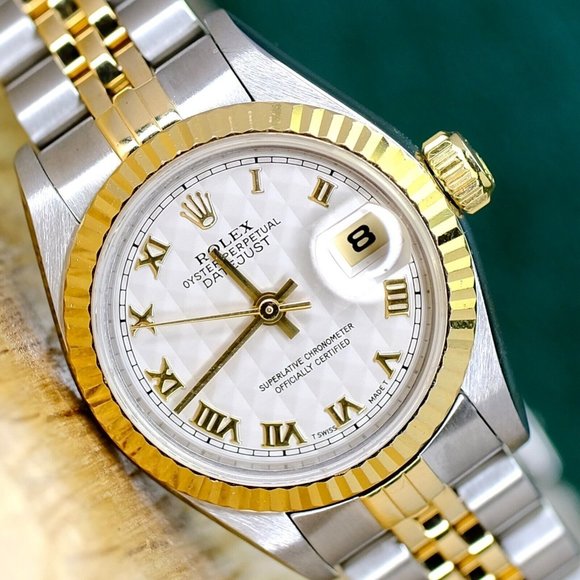 ROLEX DATEJUST CREAM PYRAMID ROMAN DIAL 18KY FLUTED JUBILEE TWO-TONE WATCH 69173 - Picture 2 of 9